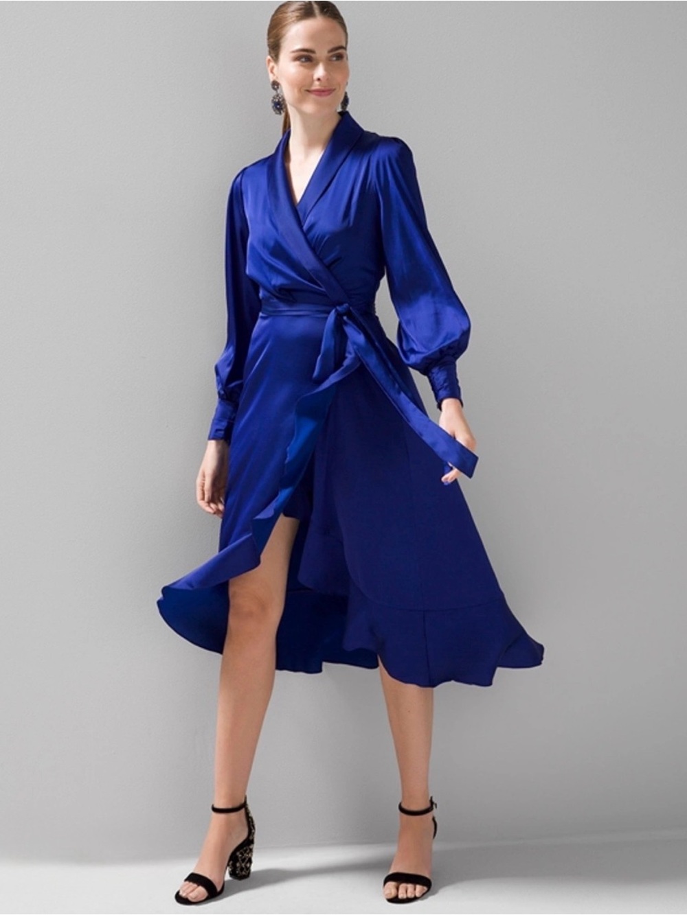 Long sleeve satin Ruffle Wrap Dress